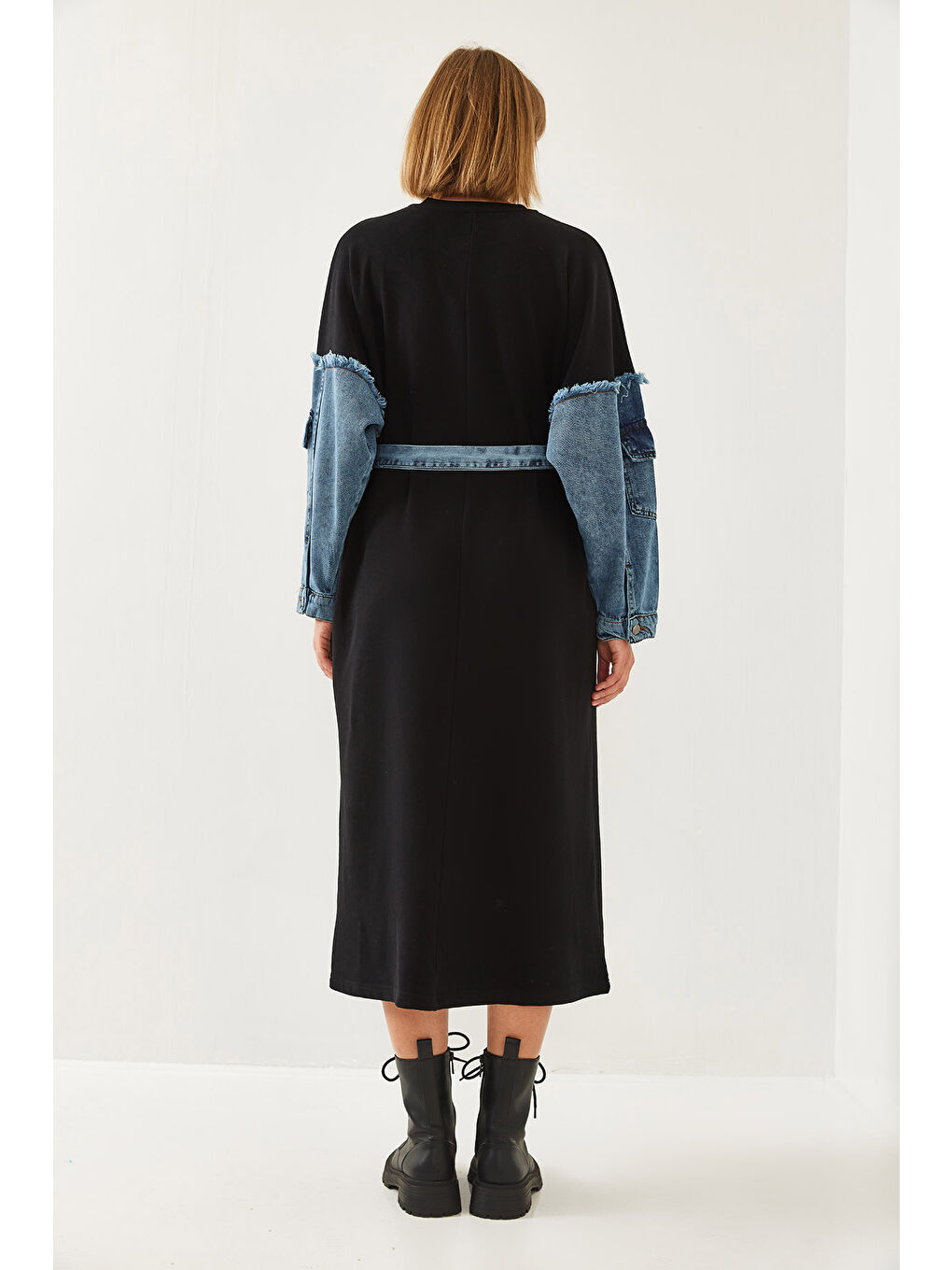 Siyah Kadın Kolları Denim Detaylı Elbise-3