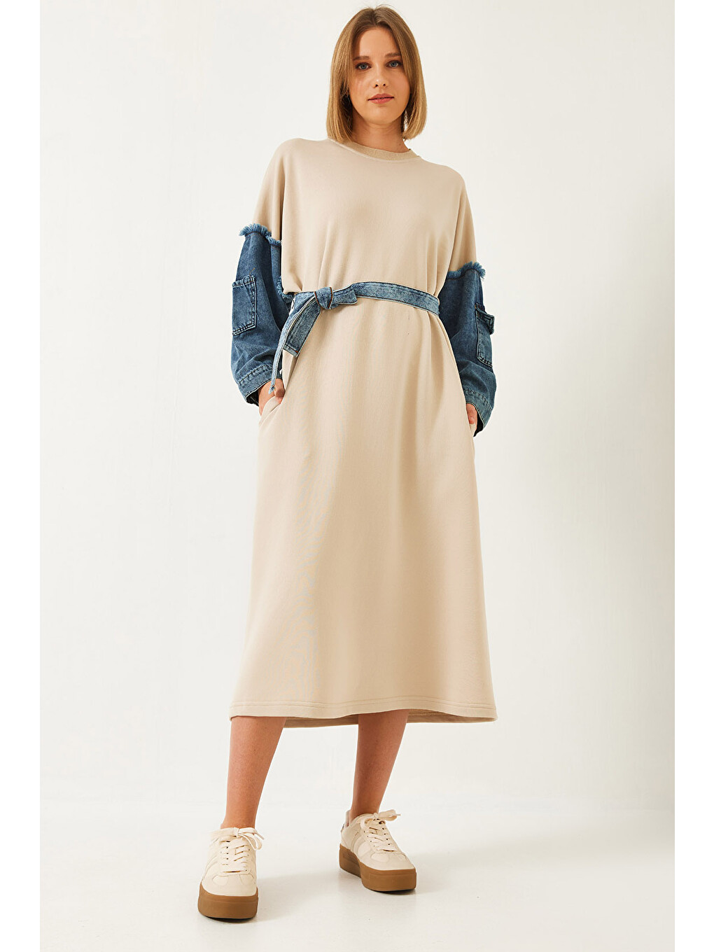 Bej Kadın Kolları Denim Detaylı Elbise