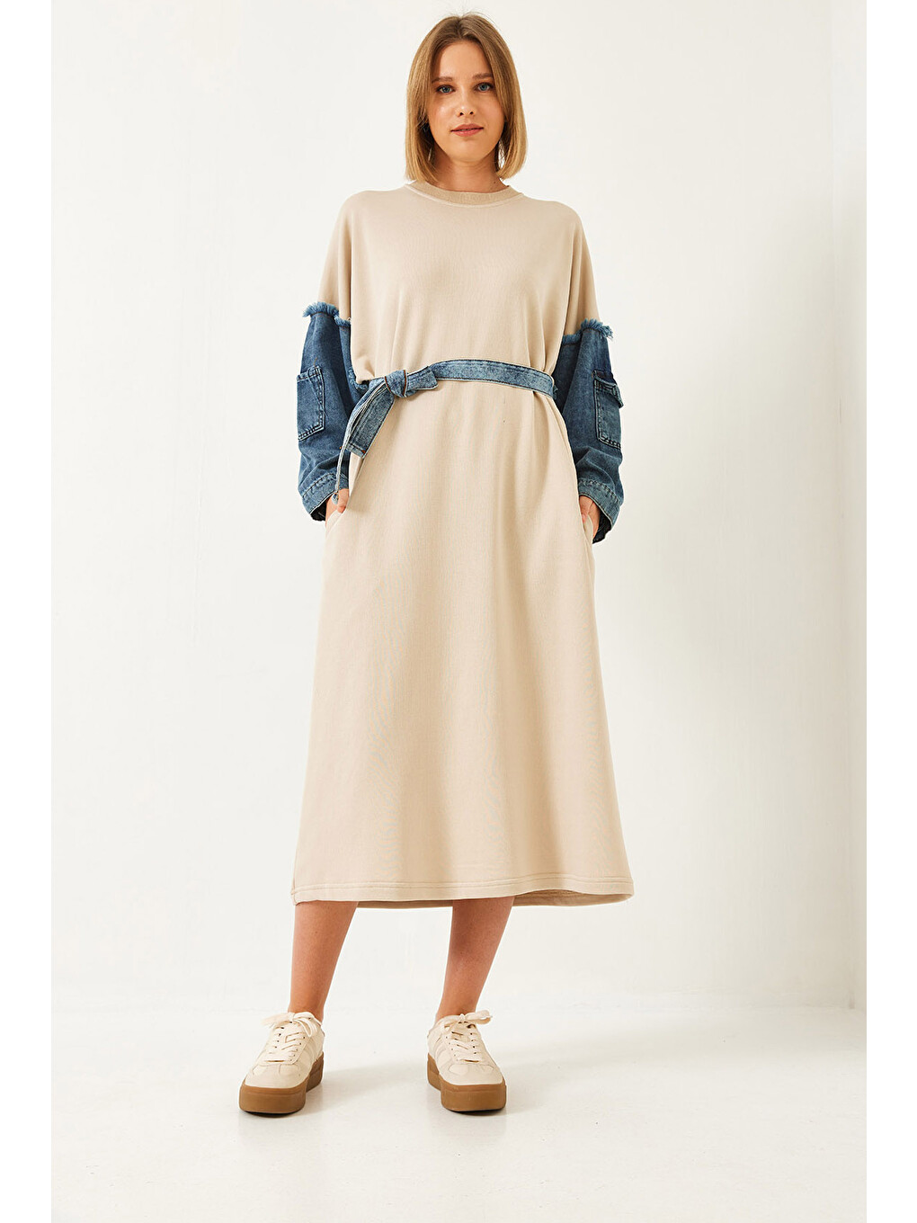 Bej Kadın Kolları Denim Detaylı Elbise-1