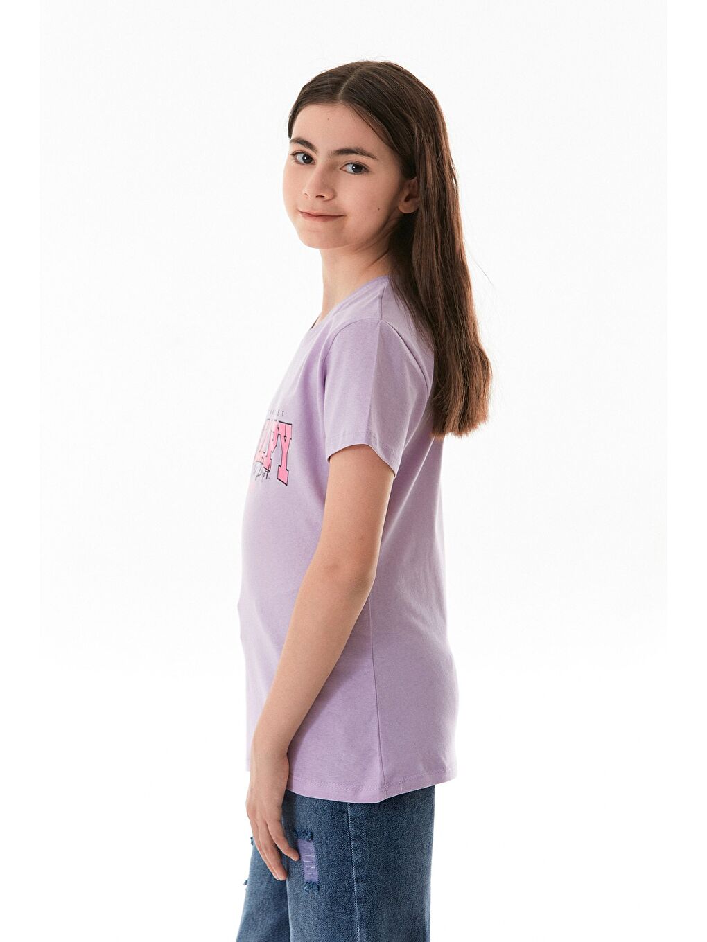 Lila %100 Pamuk Be Happy Baskılı Kız Çocuk Tişört-2