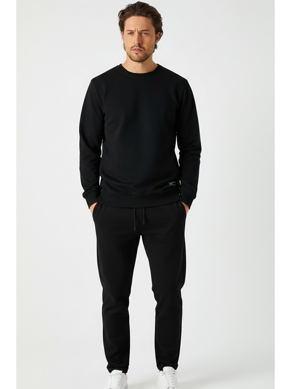 Siyah Relaxed Fit Bisiklet Yaka Sweatshirt Düz Paça Erkek Eşofman Takımı