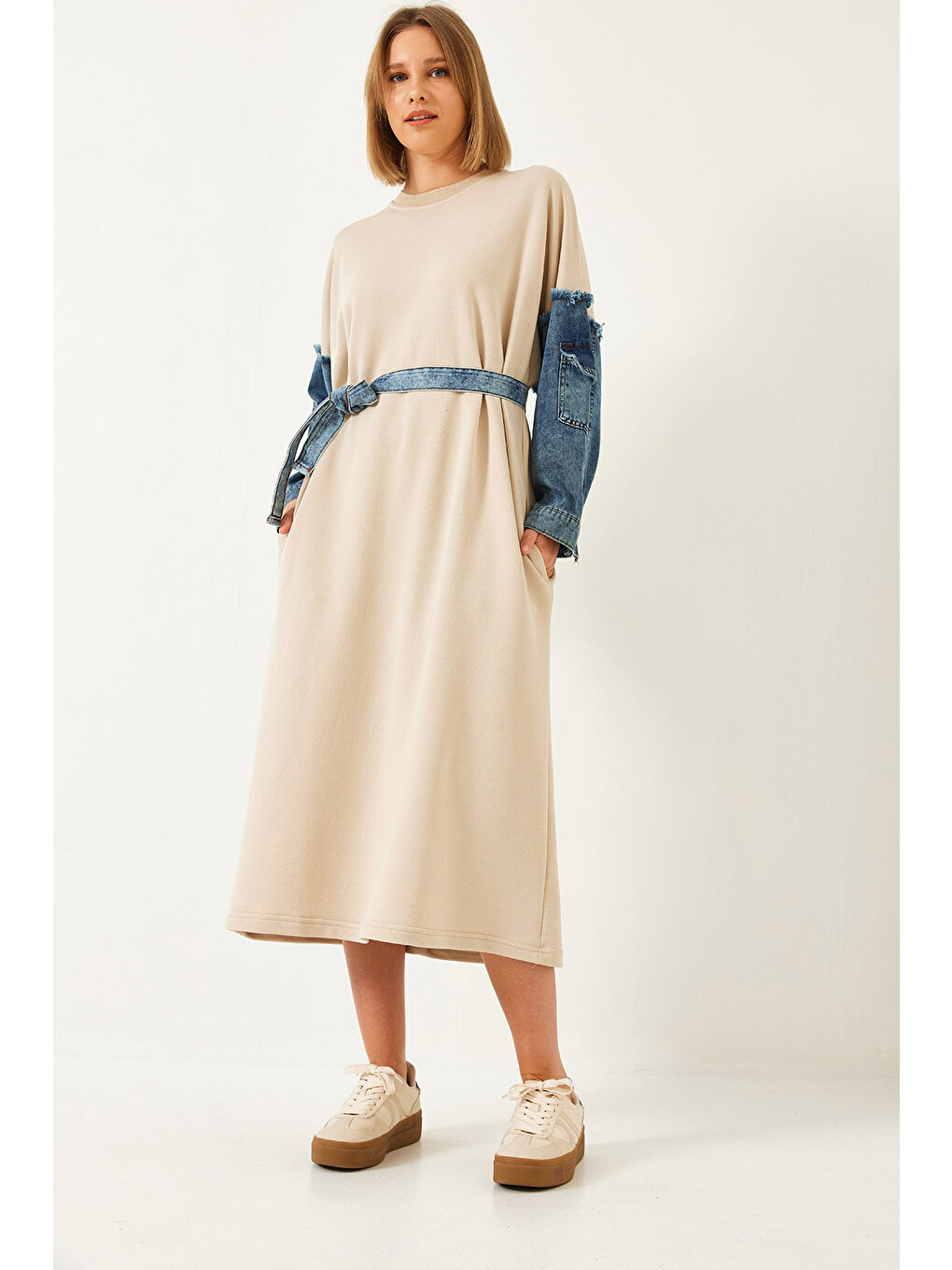 Bej Kadın Kolları Denim Detaylı Elbise-3