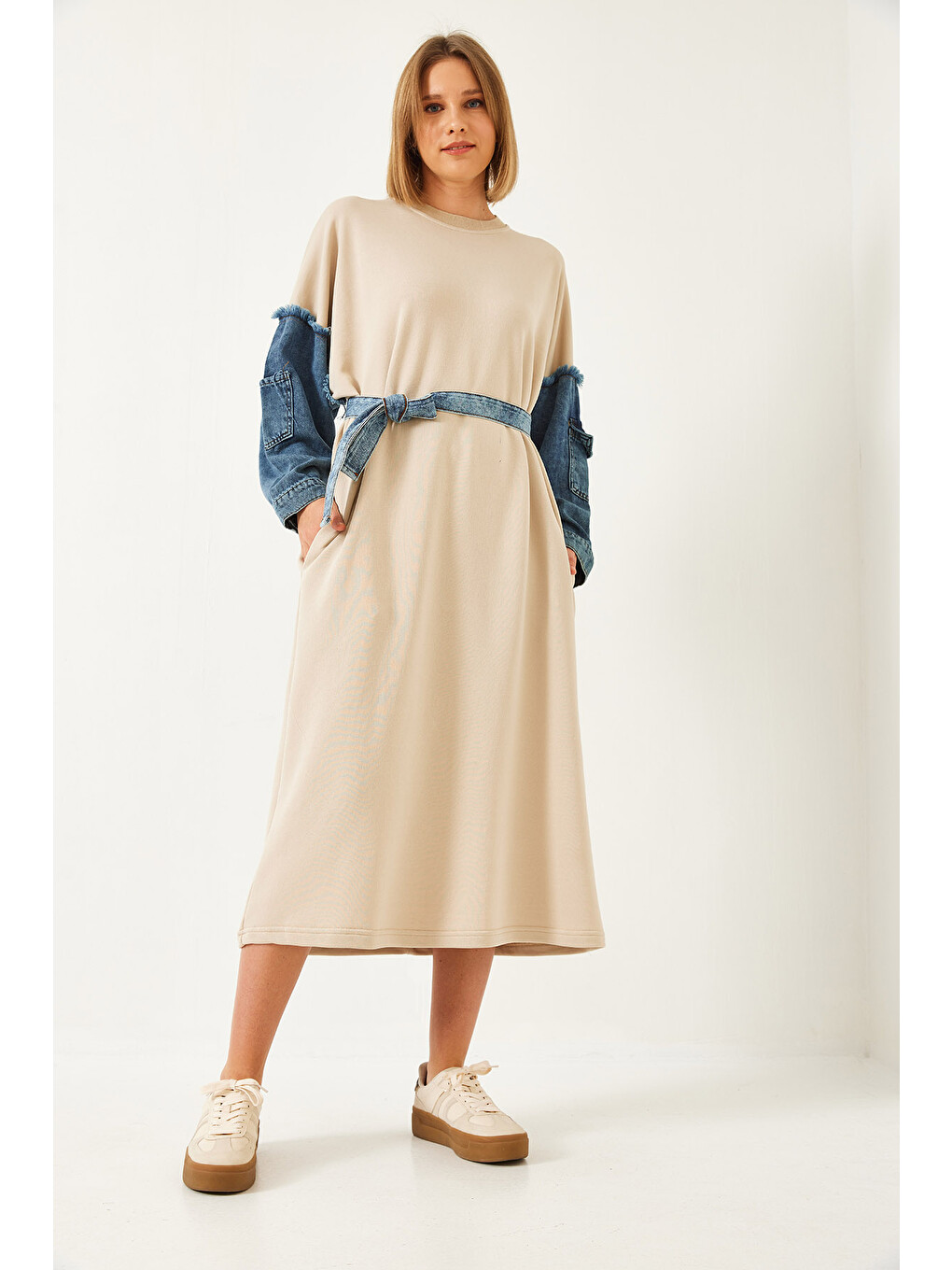 Bej Kadın Kolları Denim Detaylı Elbise-4