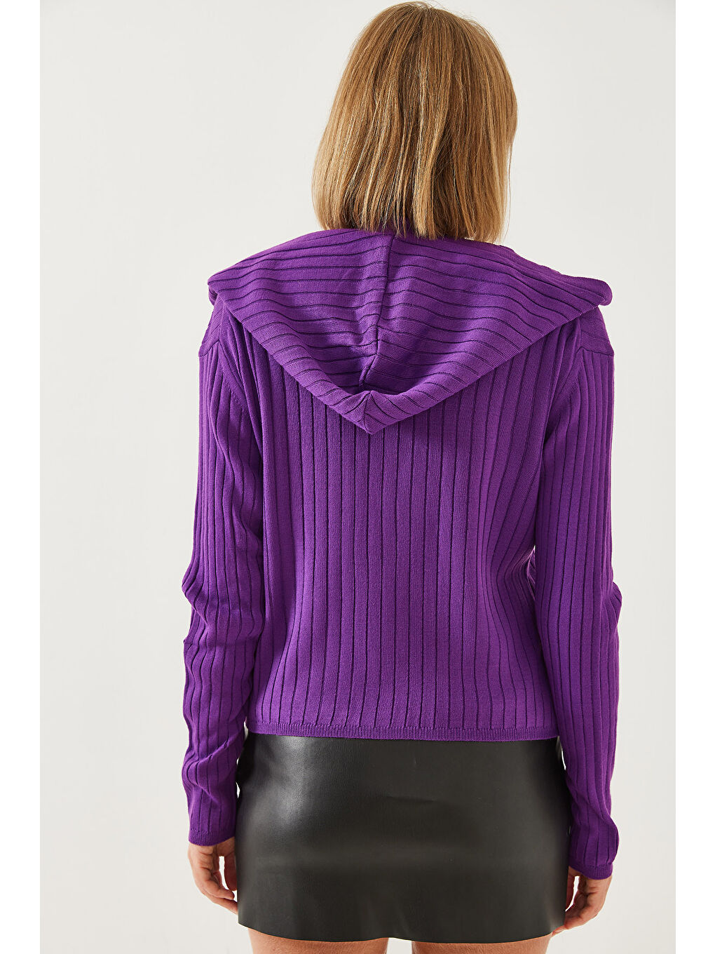 Mürdüm Kadın Kapüşonlu Fermuarlı Uzun Kollu Triko Hırka-2