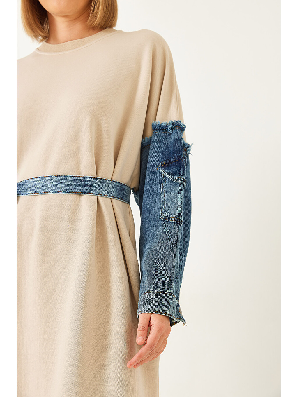 Bej Kadın Kolları Denim Detaylı Elbise-5