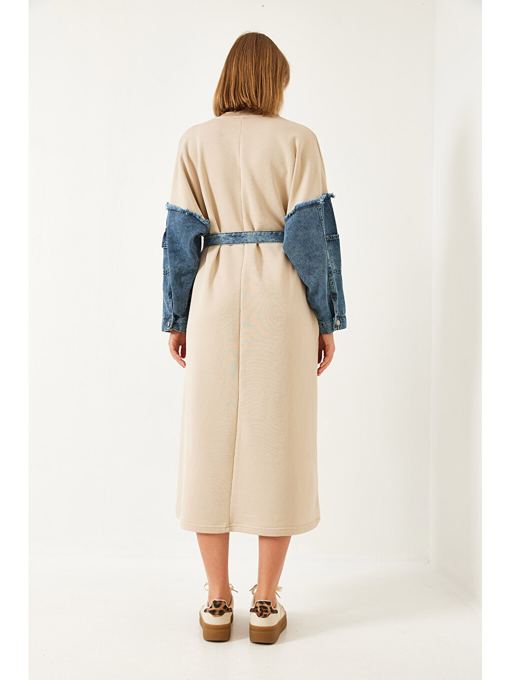 Bej Kadın Kolları Denim Detaylı Elbise-6