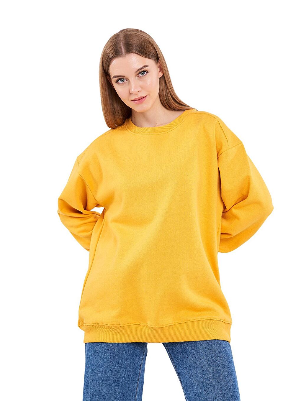 MMETALIC Sarı Kadın Pamuklu Oversize Basic Bisiklet Yaka Sweatshirt