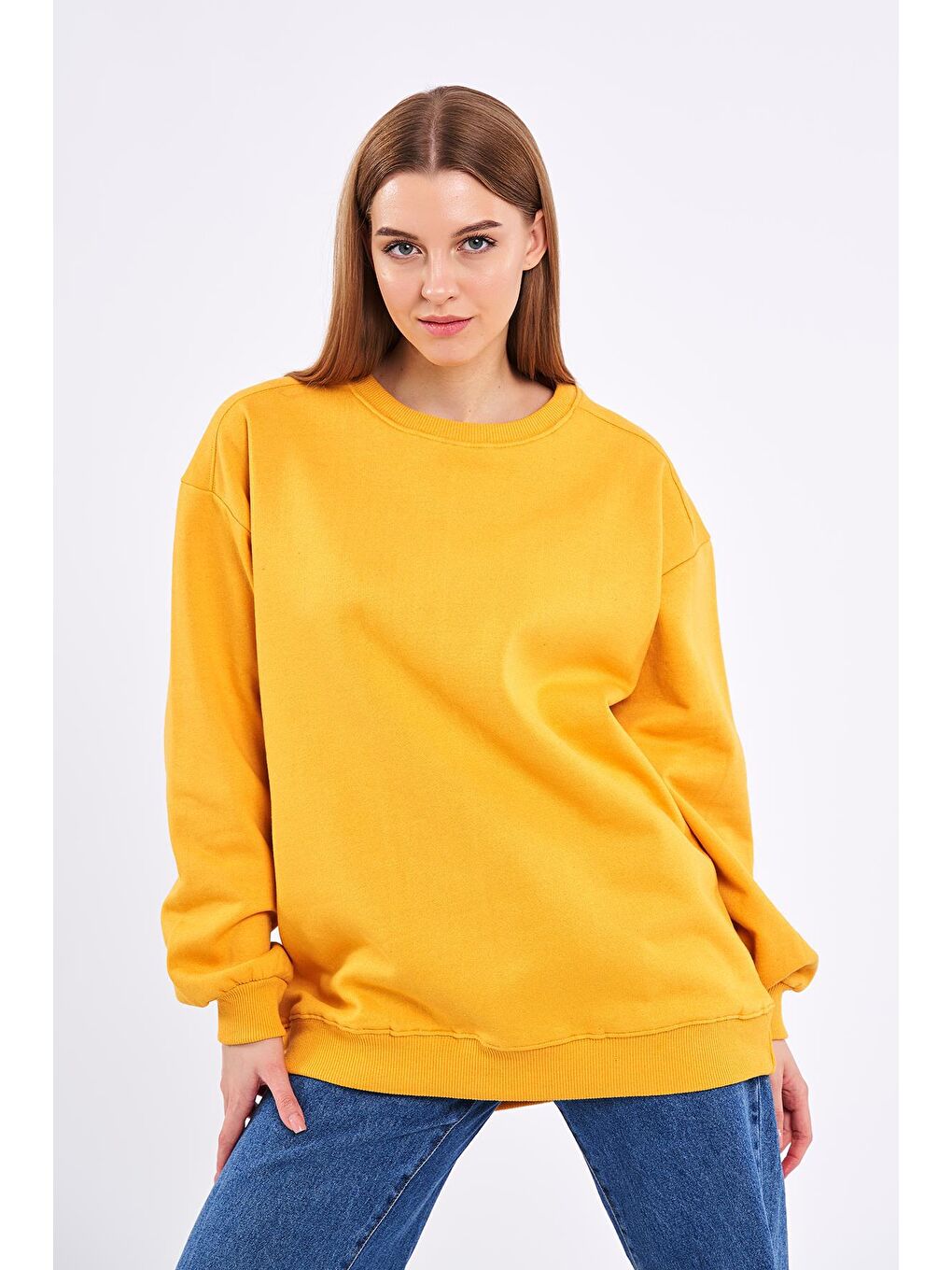 MMETALIC Sarı Kadın Pamuklu Oversize Basic Bisiklet Yaka Sweatshirt - 1