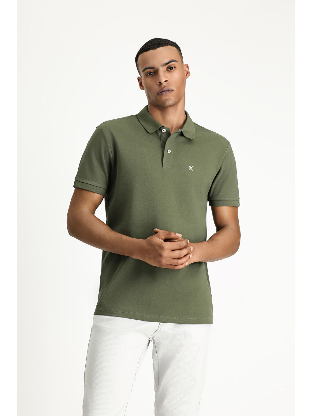 Haki Polo Yaka Slim Fit Dar Kesim Nakışlı Pamuk %100 Pamuk Tişört