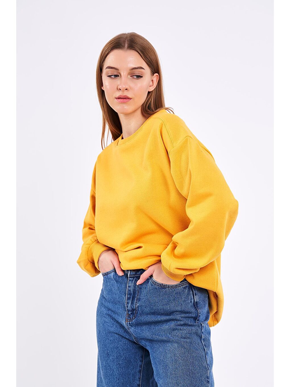 MMETALIC Sarı Kadın Pamuklu Oversize Basic Bisiklet Yaka Sweatshirt - 2