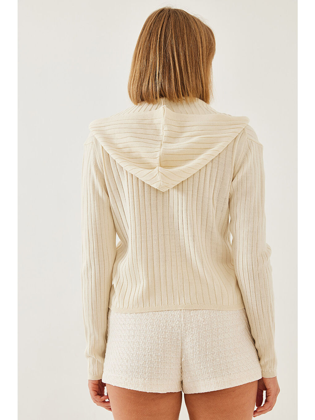 Ekru Kadın Kapüşonlu Fermuarlı Uzun Kollu Triko Hırka-4