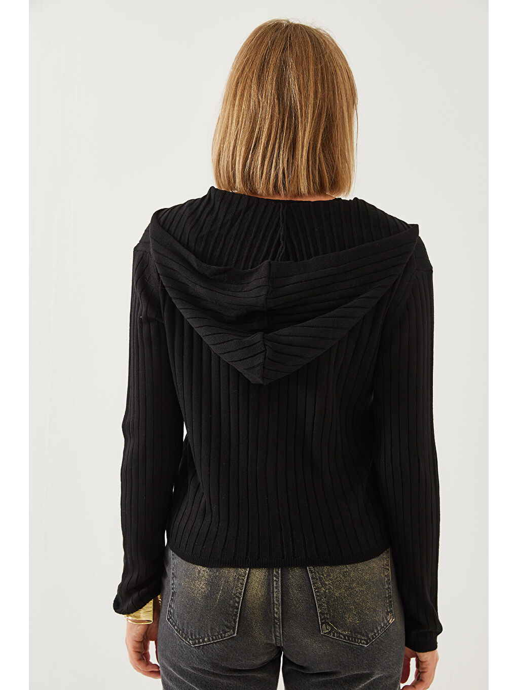 Siyah Kadın Kapüşonlu Fermuarlı Uzun Kollu Triko Hırka-4