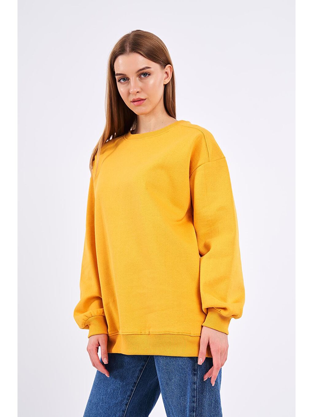 MMETALIC Sarı Kadın Pamuklu Oversize Basic Bisiklet Yaka Sweatshirt - 3