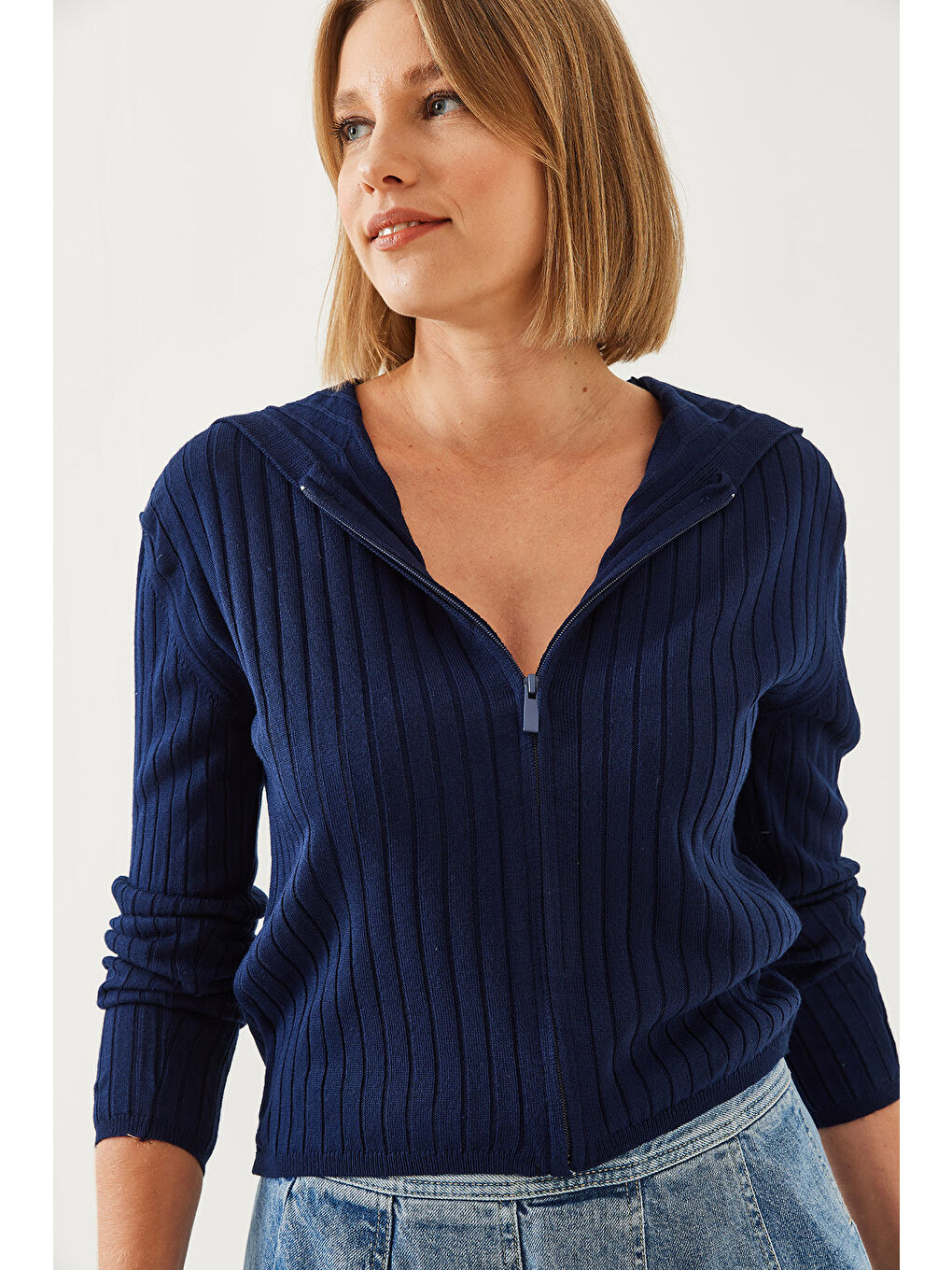 Lacivert Kadın Kapüşonlu Fermuarlı Uzun Kollu Triko Hırka-2