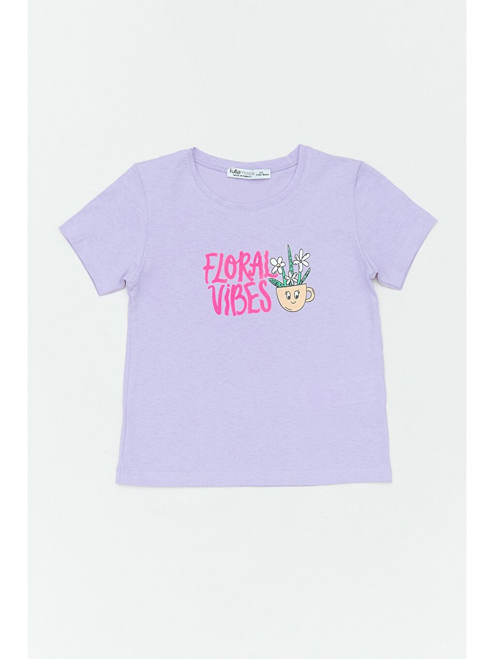 Lila %100 Pamuk Floral Vibes Yazı Baskılı Kız Çocuk Tişört