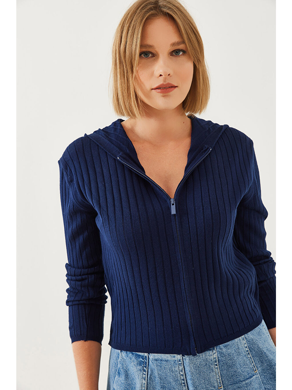 Lacivert Kadın Kapüşonlu Fermuarlı Uzun Kollu Triko Hırka-3