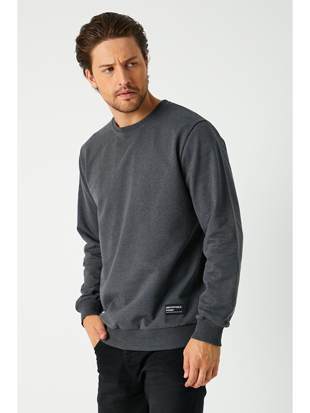 Antrasit Relaxed Fit Bisiklet Yaka Sweatshirt Düz Paça Erkek Eşofman Takımı-2