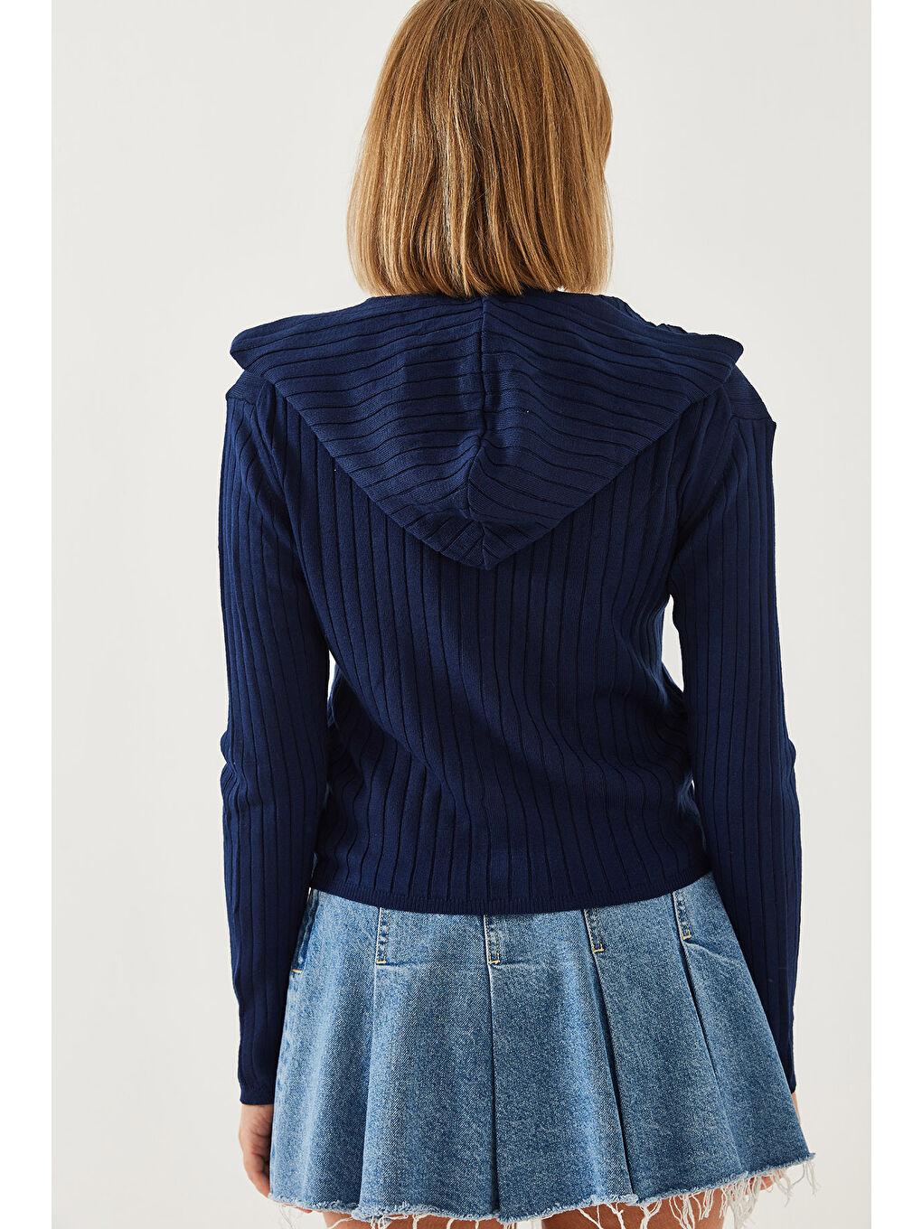 Lacivert Kadın Kapüşonlu Fermuarlı Uzun Kollu Triko Hırka-5