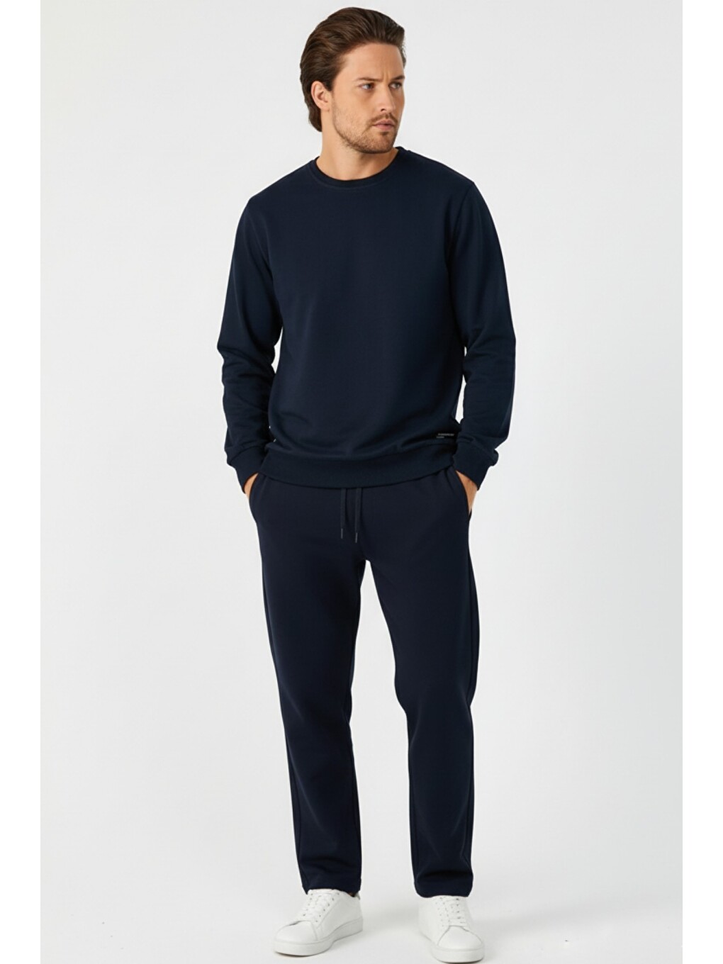 Lacivert Relaxed Fit Bisiklet Yaka Sweatshirt Düz Paça Erkek Eşofman Takımı