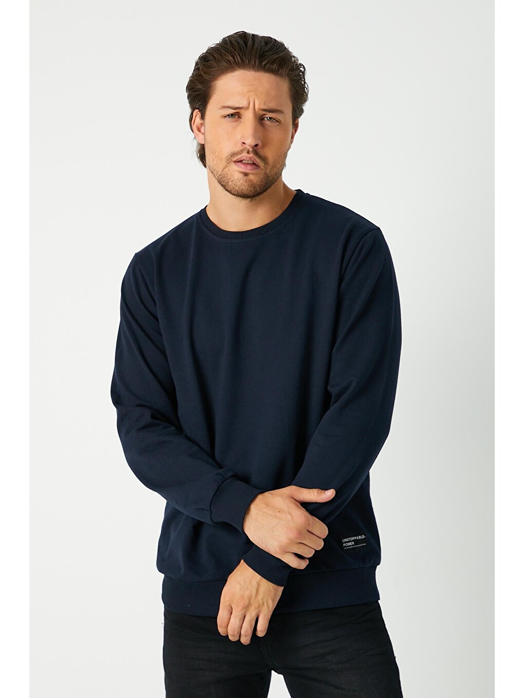 Lacivert Relaxed Fit Bisiklet Yaka Sweatshirt Düz Paça Erkek Eşofman Takımı-2