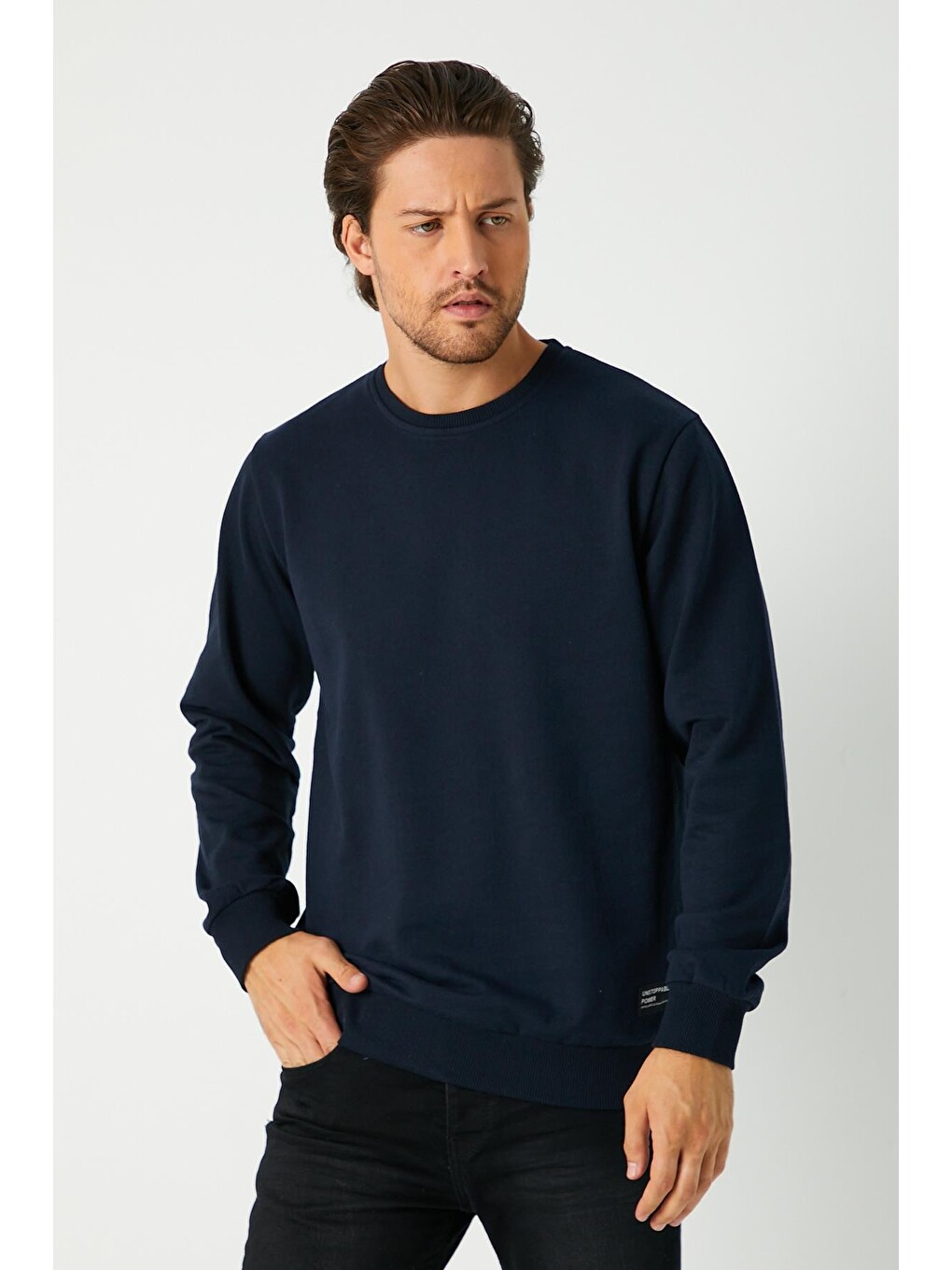 Lacivert Relaxed Fit Bisiklet Yaka Sweatshirt Düz Paça Erkek Eşofman Takımı-4