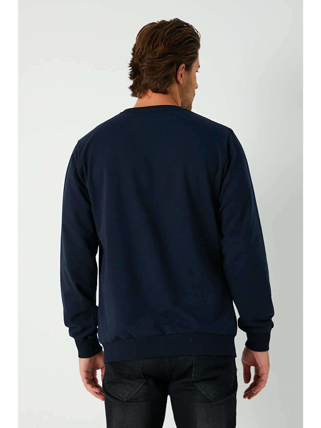 Lacivert Relaxed Fit Bisiklet Yaka Sweatshirt Düz Paça Erkek Eşofman Takımı-6