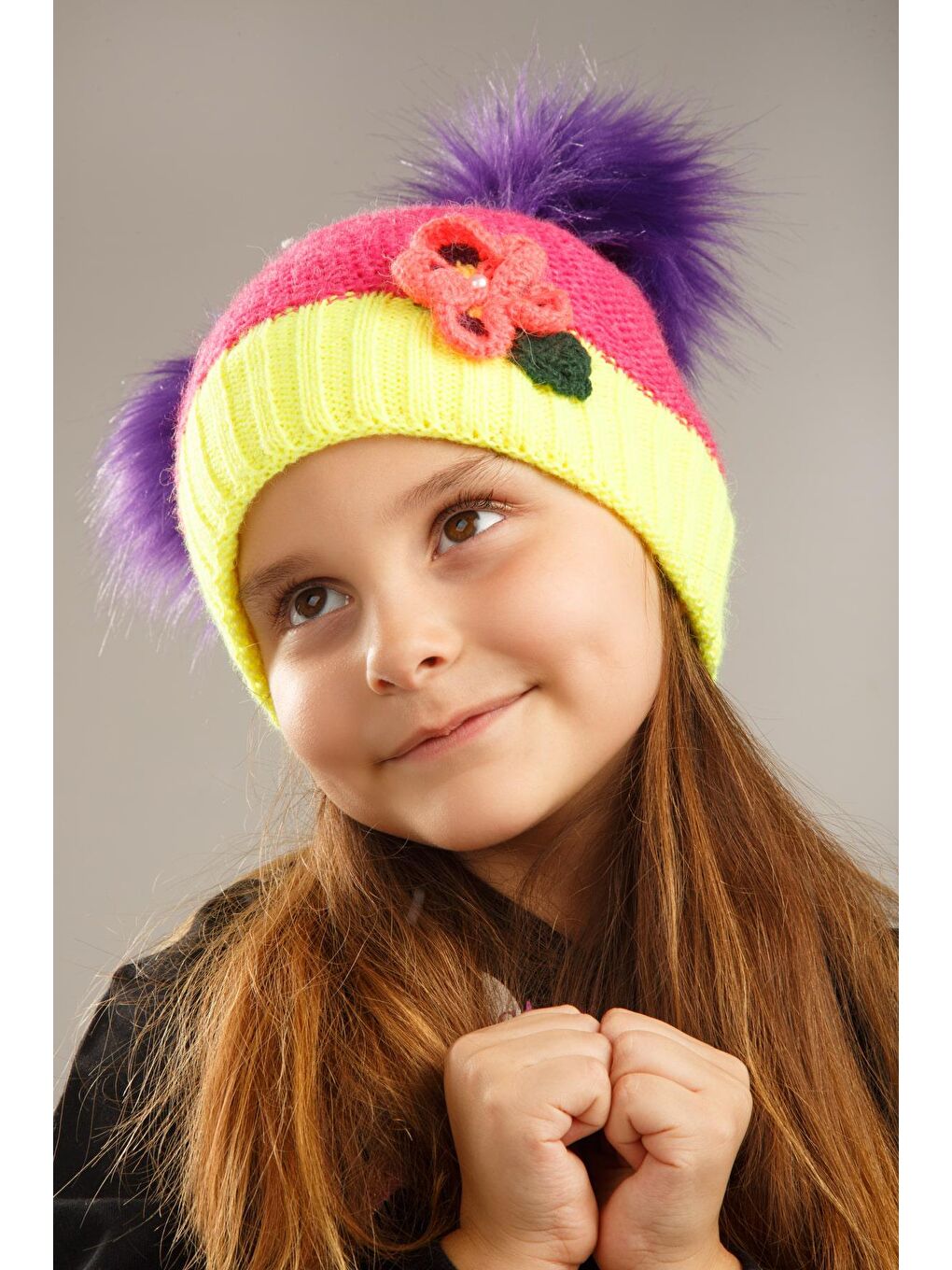 Sarı Kürk Detaylı İçi Polar Kız Çocuk Bere-3