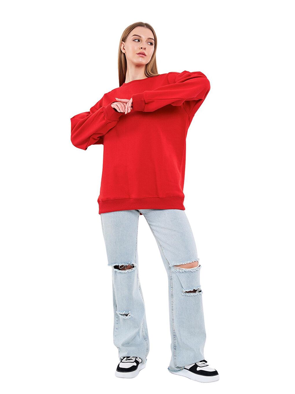 MMETALIC Kırmızı Kadın Pamuklu Oversize Basic Bisiklet Yaka Sweatshirt