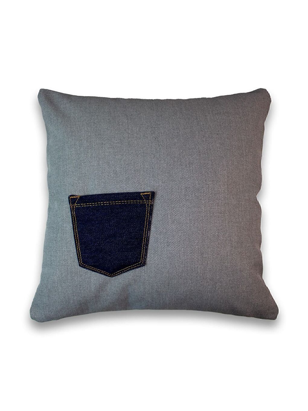 Jean Kumaştan Cep Detaylı 43x43 Dekoratif Kırlent Kılıfı Gri Denim Modern-1