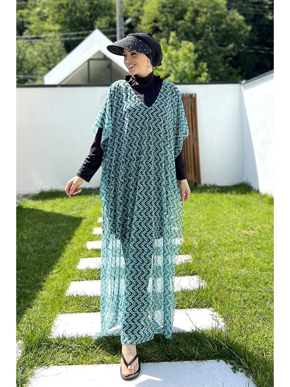 Remsa Mayo Nane Yeşili Tesettür Mayo Üzerine Desenli Tek Kaftan Pareo 430-306 Mint - 1