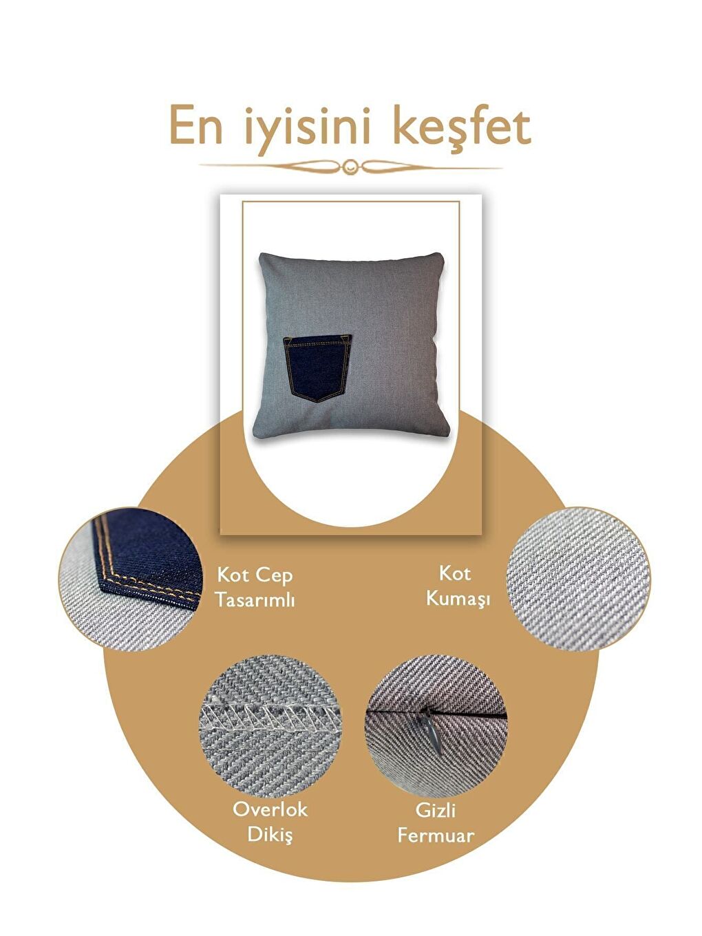 Jean Kumaştan Cep Detaylı 43x43 Dekoratif Kırlent Kılıfı Gri Denim Modern-4