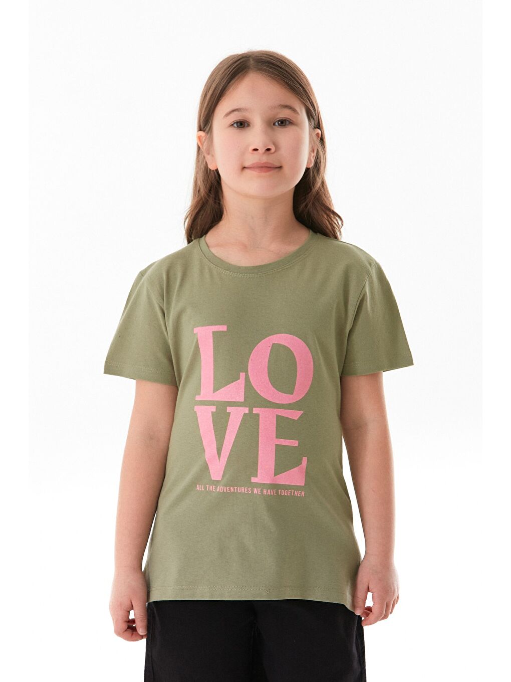 Haki %100 Pamuk Simli Love Yazı Baskılı Kız Çocuk Tişört