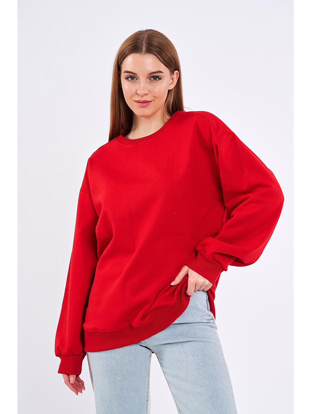 MMETALIC Kırmızı Kadın Pamuklu Oversize Basic Bisiklet Yaka Sweatshirt - 1