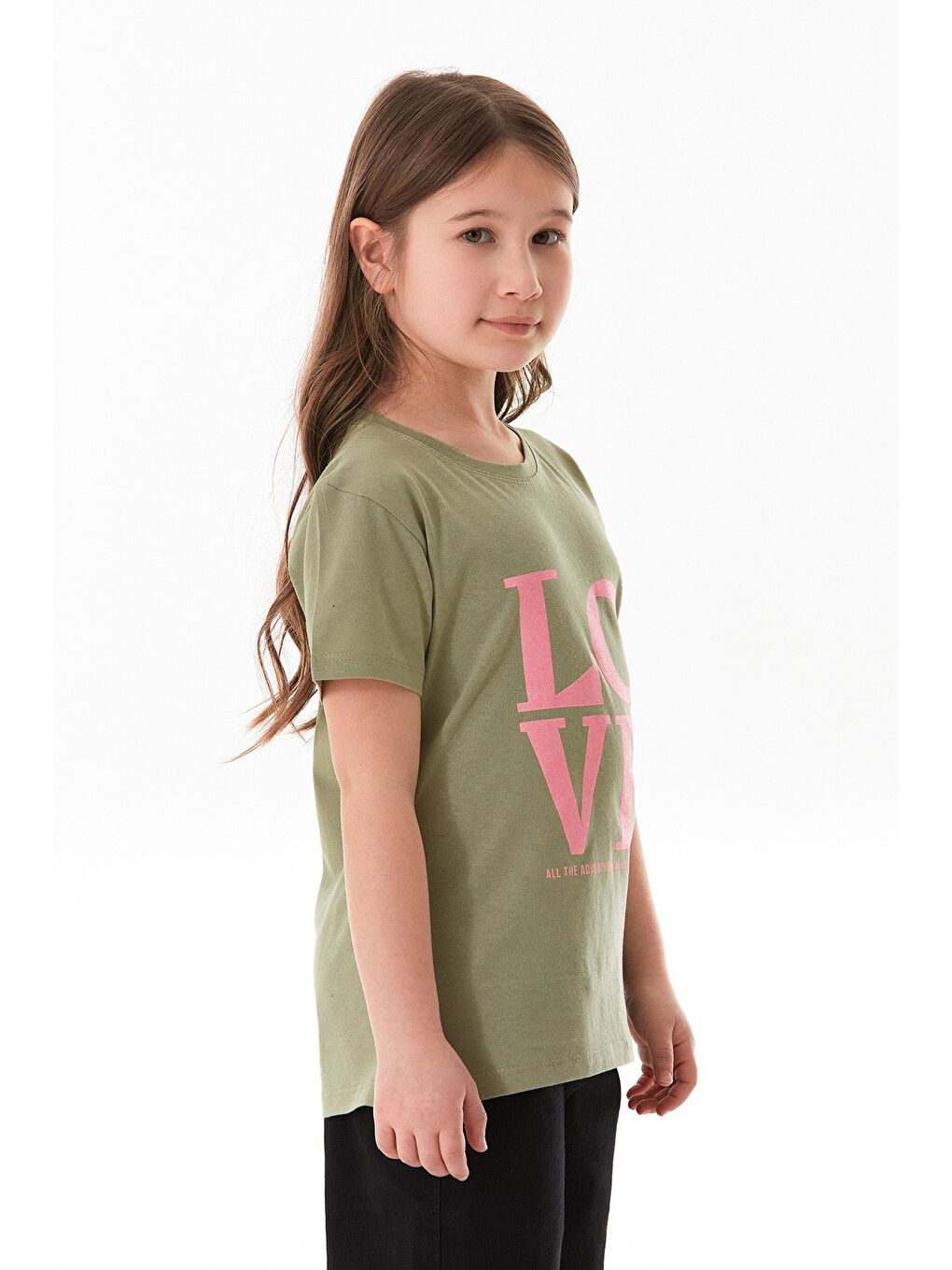 Haki %100 Pamuk Simli Love Yazı Baskılı Kız Çocuk Tişört-2