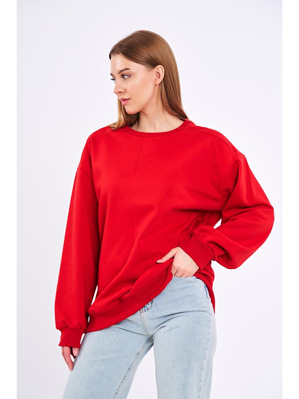 MMETALIC Kırmızı Kadın Pamuklu Oversize Basic Bisiklet Yaka Sweatshirt - 2