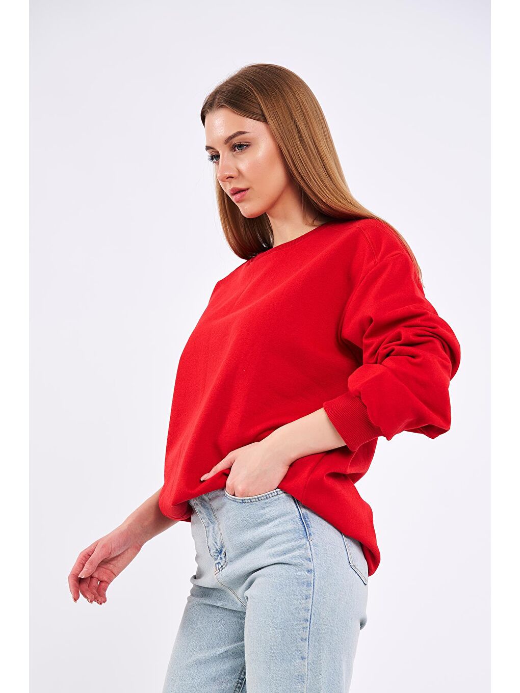 MMETALIC Kırmızı Kadın Pamuklu Oversize Basic Bisiklet Yaka Sweatshirt - 3