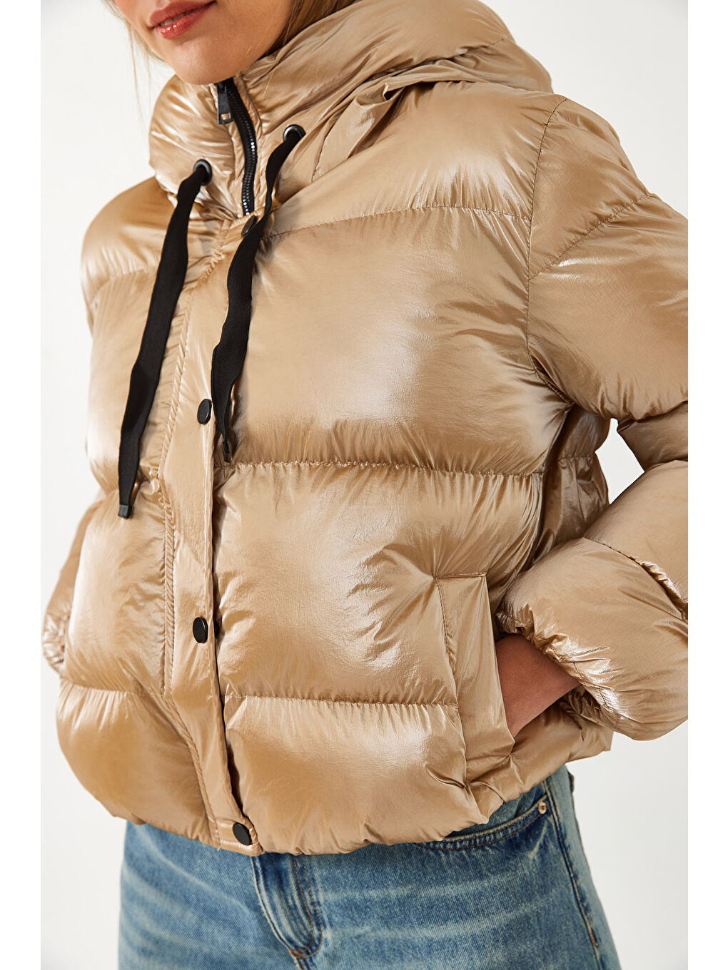 Kahverengi Kadın Kapüşonlu Chine Şişme Mont-5