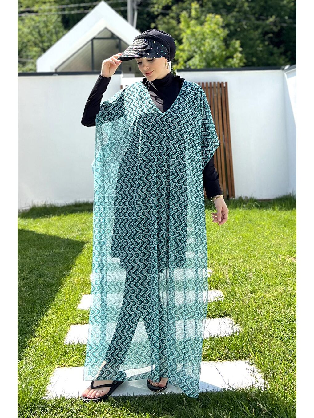 Remsa Mayo Nane Yeşili Tesettür Mayo Üzerine Desenli Tek Kaftan Pareo 430-306 Mint - 3