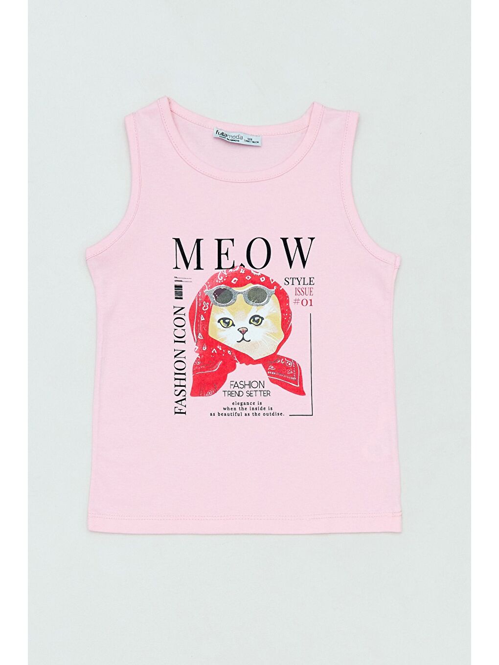 Pembe %100 Pamuk Kedi Baskılı Kalın Askılı Kız Çocuk Tişört-1