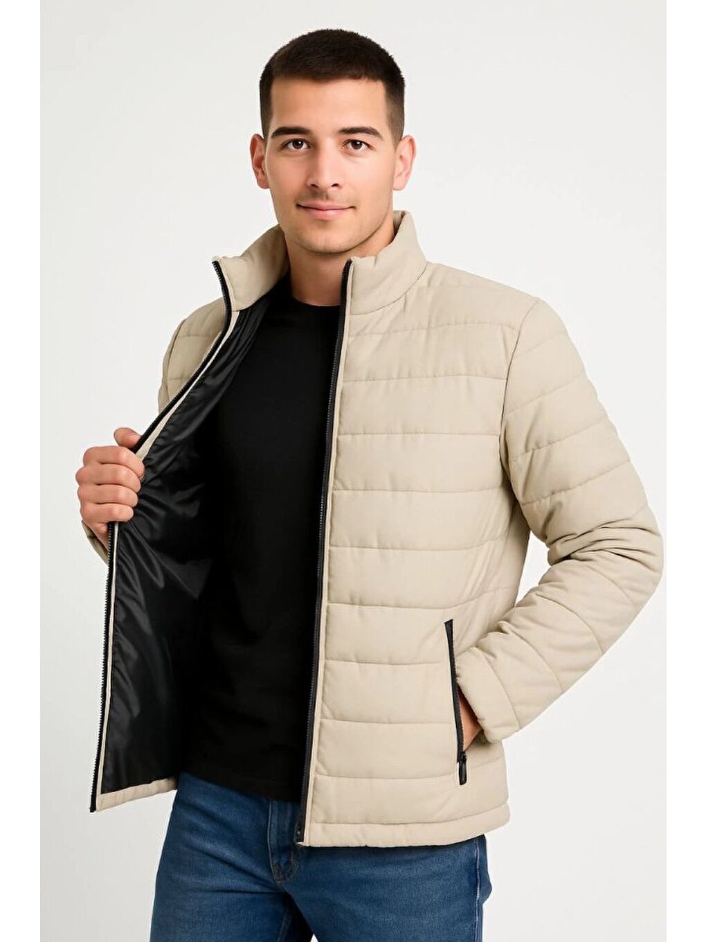 Erkek Bomber Mont – Su İtici Kumaş, Kapitone Astarlı, Fermuarlı, Kışlık - Bej