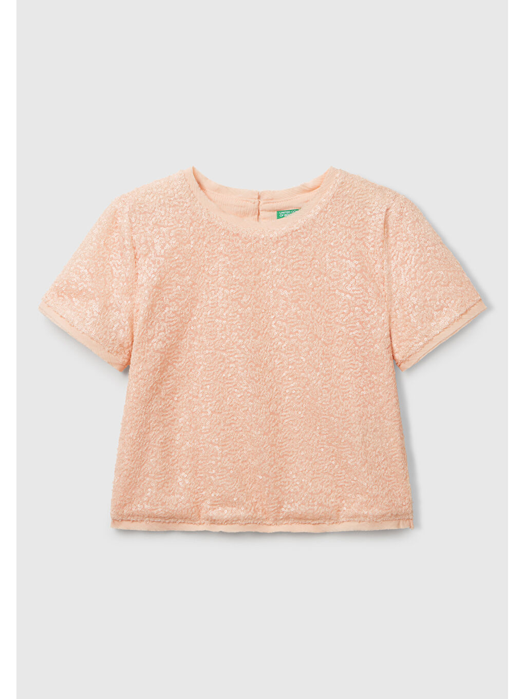 Bej Kız Çocuk Yavruağzı Payetli Tül Astarlı Arkası Tek Düğmeli Kısa Kollu Bluz