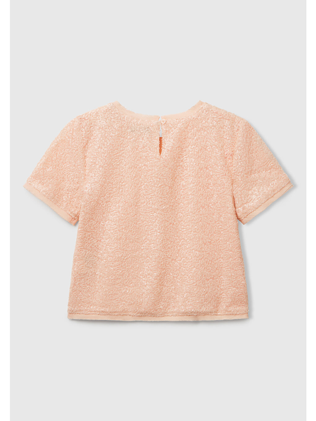 Bej Kız Çocuk Yavruağzı Payetli Tül Astarlı Arkası Tek Düğmeli Kısa Kollu Bluz-1