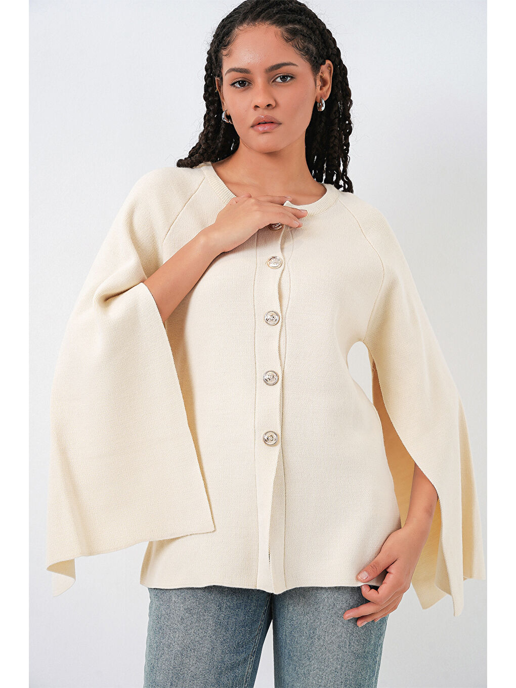 Kadın Triko Panço Hırka 15965 - Ekru