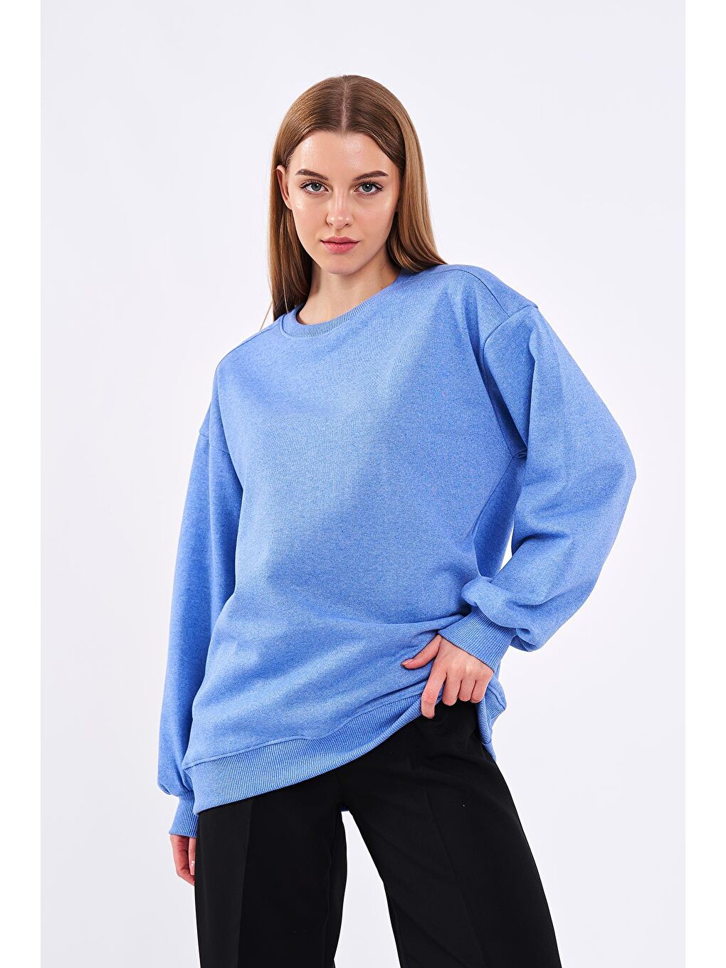 MMETALIC Mavi Kadın Pamuklu Oversize Basic Bisiklet Yaka Sweatshirt - 2