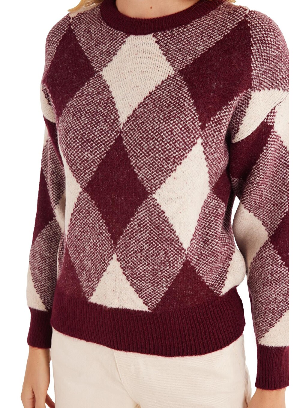Kadın Slim Fit Dar Kesim Bisiklet Yaka Desenli Bordo Kazak-2