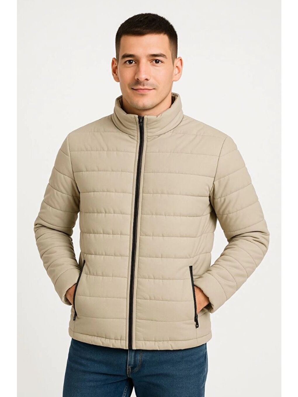 Erkek Bomber Mont – Su İtici Kumaş, Kapitone Astarlı, Fermuarlı, Kışlık - Bej-2