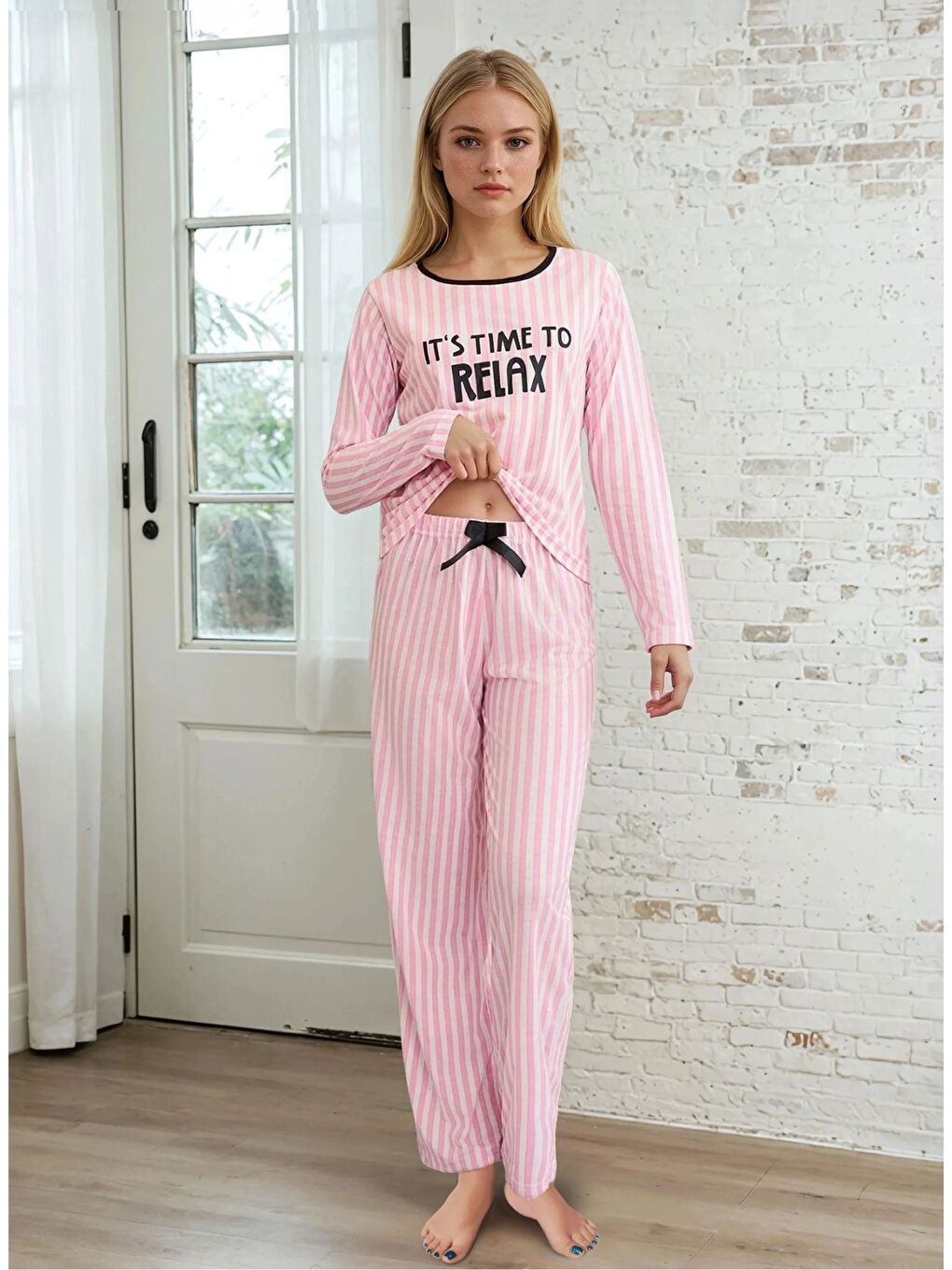 Çizgili Pembe Time To Relax Baskılı Pijama Takımı-1