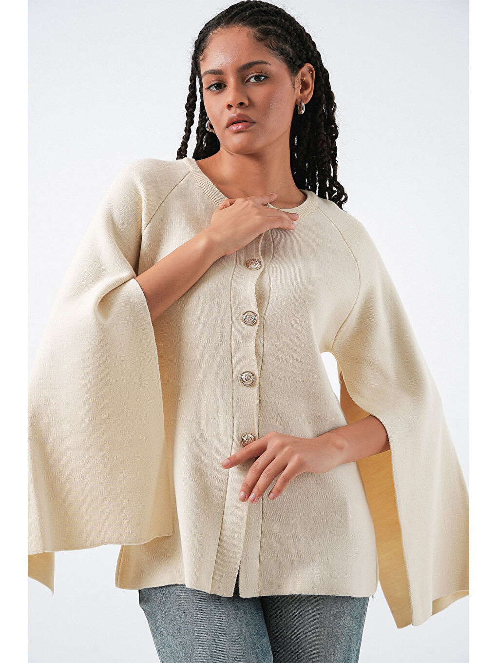 Kadın Triko Panço Hırka 15965 - Ekru-1