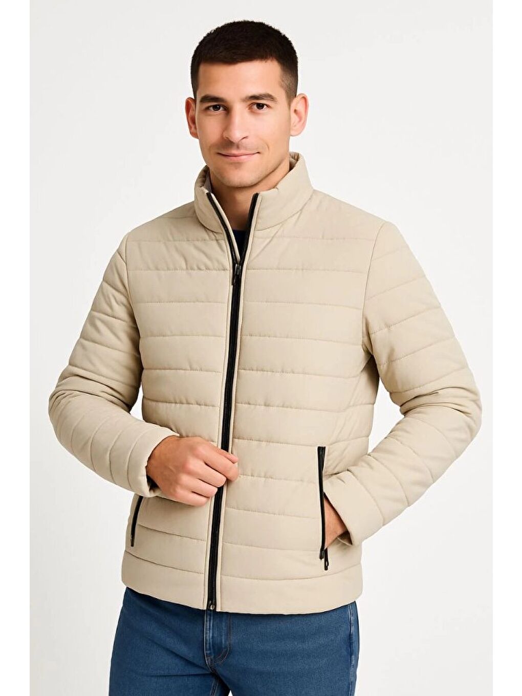 Erkek Bomber Mont – Su İtici Kumaş, Kapitone Astarlı, Fermuarlı, Kışlık - Bej-3