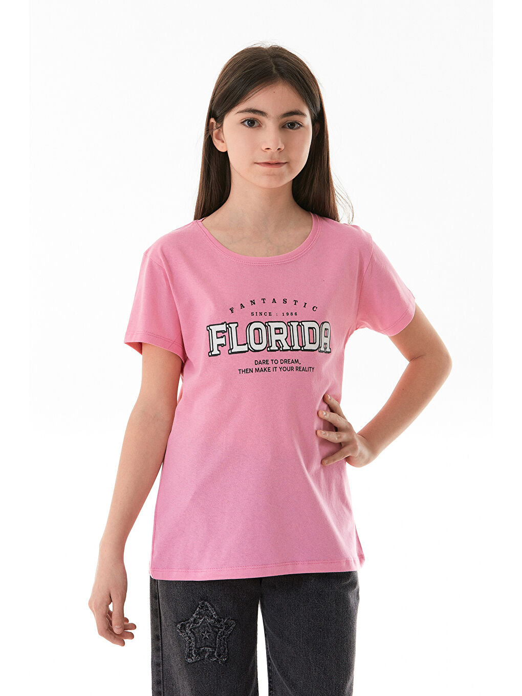Pembe %100 Pamuk Florida Yazı Baskılı Kız Çocuk Tişört